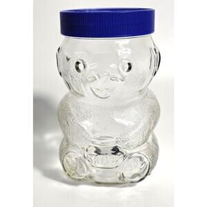 Vintage 1990s Collectible Skippy Glass Bear Jar Blue Lid